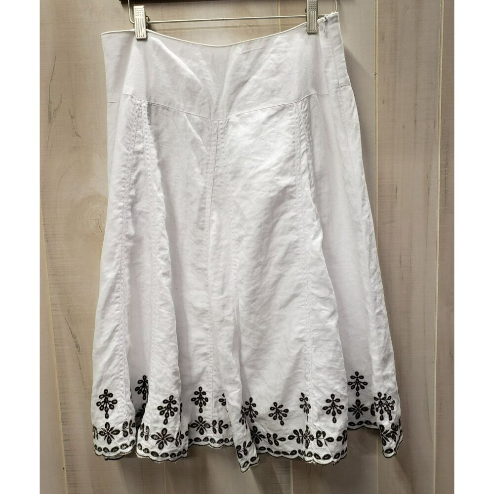 Ecologie 100% Linen Skirt, White w brown eyelet trim, Size 8, side zip, lined